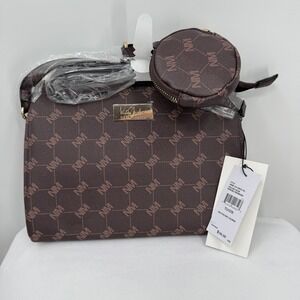 Nicole Miller Crossbody Bag Womens Brown Mix Monogram Purse Removable Pouch NWT